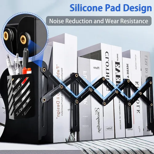 Vista 3 de Extremos de libros resistentes para sostener libros con soporte para bolígrafos, sujetalibros ajustables, extremos de metal para estantes, soportes