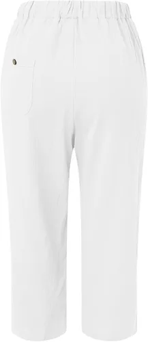 Vista 5 de Bermudas de algodón y lino para mujer, cintura alta elástica, color sólido, pantalones cortos cómodos de verano con bolsillos