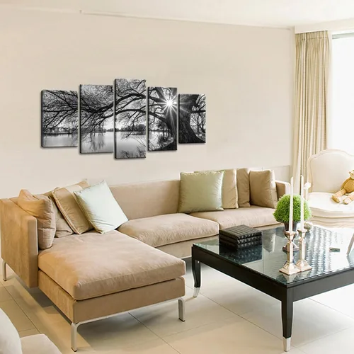 Vista 3 de sechars - 5 piezas de arte de pared, diseño de árbol viejo por lago, pintura de amanecer, paisaje blanco y negro, decoración moderna de pared
