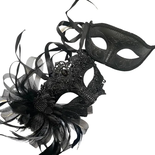 Vista 11 de MASQ Par de máscaras de encaje brocado para mascarada, Mardi Gras, cumpleaños, graduación, boda, fiesta Bk Lace W Pluma