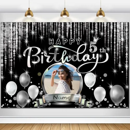 Vista 116 de Cartel de decoración de feliz cumpleaños número 100 personalizado - Personalización disponible - Negro y plateado - Tamaño grande - Admite fotos