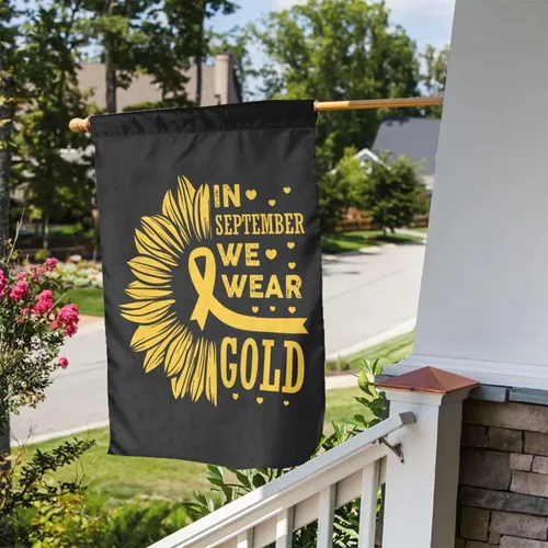 Vista 7 de Mes de concientización sobre el cáncer infantil en septiembre We Wear Gold Flag Banderas de jardín de doble cara, pancarta de bienvenida para boda