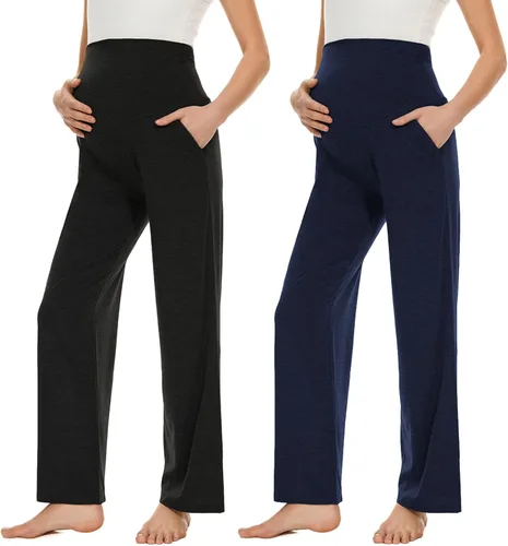 Vista 11 de Ecavus Pantalones de maternidad anchos y rectos para mujer, versátiles, cómodos, palazzo, elásticos, con bolsillos