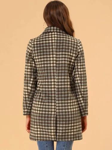 Vista 5 de Allegra K Abrigo largo a cuadros de mezcla de lana elegante de invierno con cuello de rotación para mujer