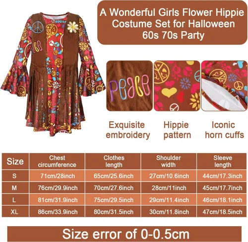 Vista 3 de Erweicet 19PCS 60s 70s Outfits Hippie Costume Set Hippie Dress for Girls Hippie Dress with Vest Sign Headband Pins Tattoos