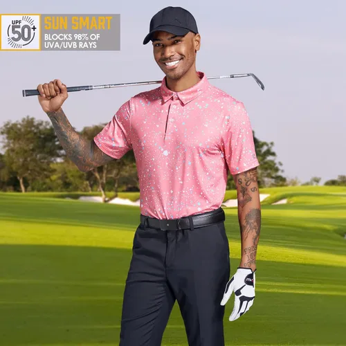 Vista 3 de Camisas de golf para hombre, Dry Fit, de rendimiento, manga corta, estampado, que absorbe la humedad