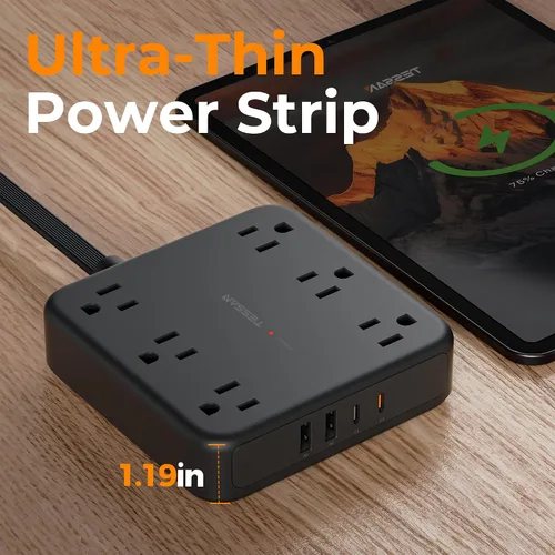Vista 6 de TESSAN – Regleta de alimentación con USB, cable de extensión con 6 salidas ampliamente espaciadas 2100 Joules Surge Protector Power Strip, 6
