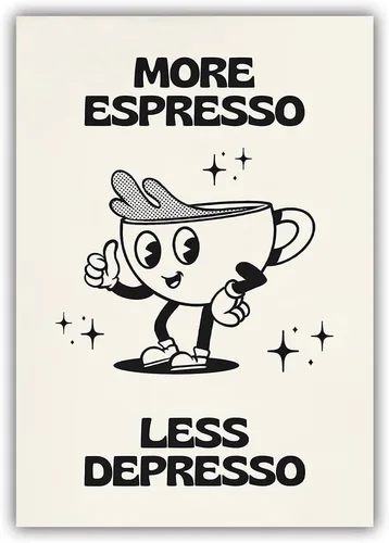 Vista 12 de Póster retro con texto en inglés «More Espresso Less Depresso», bonita taza de café de dibujos animados, citas rojas, arte de pared, divertido