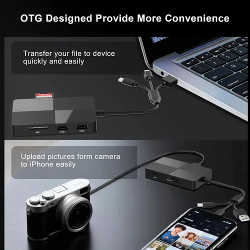 Vista 7 de Lector de tarjetas de memoria 8 en 1 con 3 puertos USB, adaptador Lightning/USB-C/USB-A para iPhone/Android/PC/Mac, compatible con tarjetas