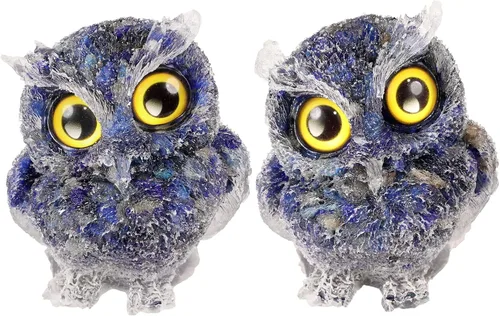Vista 18 de TUMBEELLUWA Juego de 2 mini adornos de figura de búho de cristal de amatista, estatuas decorativas de búho de resina para mesa de oficina en casa