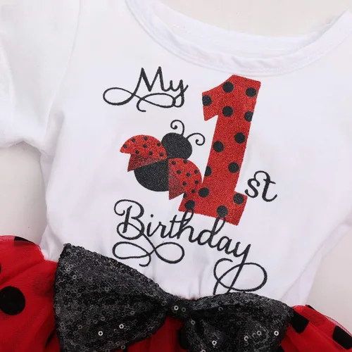 Vista 3 de Traje de bebé para niñas del primer segundo cumpleaños, vestido de mariquita de ratón, diadema con lunares y falda tutú con una sesión de fotos