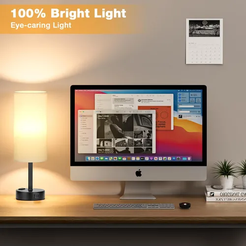 Vista 5 de Juego de 2 lámparas de mesa táctiles para dormitorio en blanco, lámparas de noche regulables de 3 niveles con puertos USB C y A, lámparas de mesita