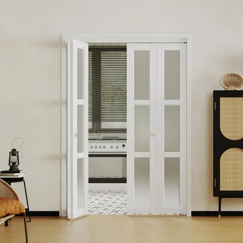 Vista 7 de BARNER HOME Puerta Bi-Fold, para apertura de 28 in. x 80 in., panel de vidrio templado esmerilado de 3 luces con kit de herrajes, MDF, puerta