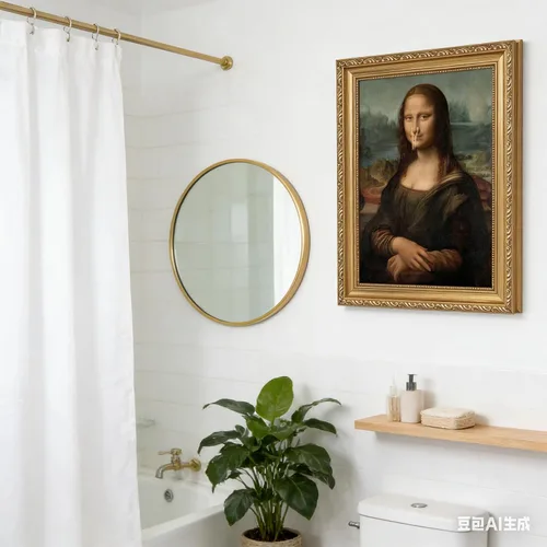 Vista 3 de Pintura clásica de Mona Lisa enmarcada en oro, arte de pared de baño, póster divertido de humor divertido para baño, impresión en lienzo de baño
