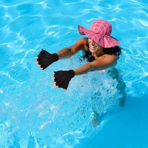 Vista 7 de Sumind - 2 pares de guantes de natación para mujeres y hombres, guantes de neopreno con malla para aeróbicos acuáticos, ejercicio de piscina, Negro