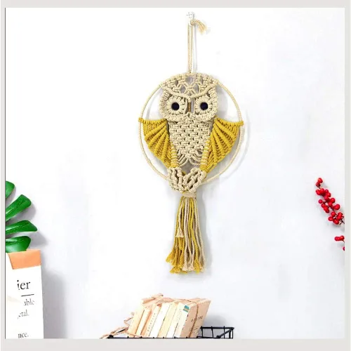 Vista 6 de Búhos atrapasueños de algodón macramé para colgar en la pared del dormitorio de los niños, decoración de pared 22 pulgadas de largo x 11.6 pulgadas