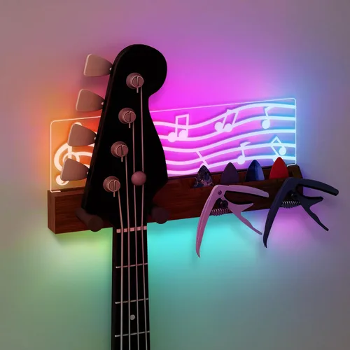 Vista 9 de CoolGift Mart Soporte de pared para guitarra iluminado, capacidad para 2 guitarras con 3 llaveros enchufables, diseño de notas musicales