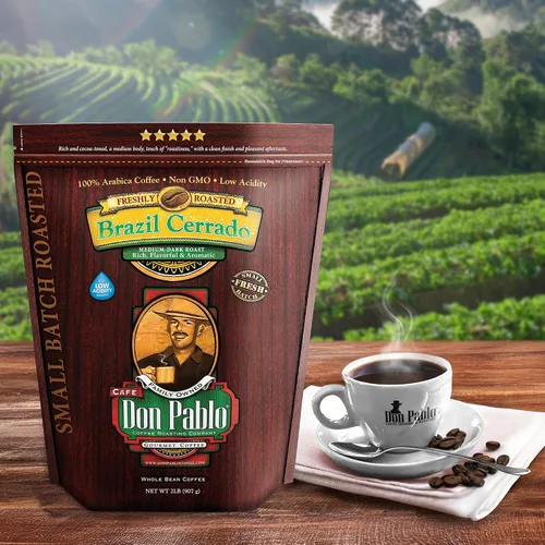 Vista 2 de Café gourmet Don Pablo de 2 libras, Brasil Cerrado, tostado medio oscuro, café en grano entero, 100% granos arábica, baja acidez y sin OMG, bolsa
