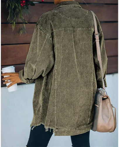 Vista 2 de Hixiaohe Chaqueta Camisa de Pana con Botones Holgada Casual para Mujer Abrigo Lavado Retro Shacket Verde militar