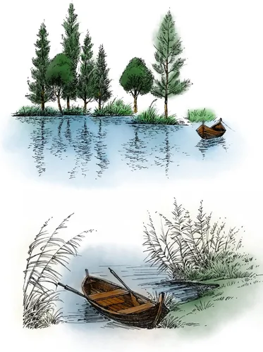 Vista 3 de Lake River Scenery Trees Boat Sellos transparentes para hacer tarjetas y álbumes de recortes, palabras, sellos transparentes, sellos de silicona