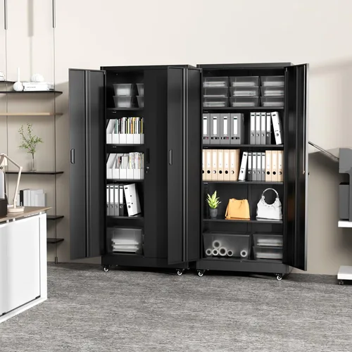Vista 7 de Armario de almacenamiento de metal Greenvelly con 4 ruedas giratorias, gabinete de almacenamiento de garaje negro de 73 pulgadas de alto con ruedas