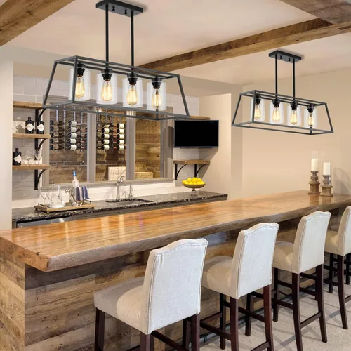 Vista 6 de Candelabros negros de granja para comedor, lámpara rústica de isla de cocina, lámpara colgante lineal de 4 luces, isla de cocina con pantalla