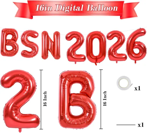 Vista 2 de TONIFUL Decoraciones de graduación de enfermeras 2026, globos rojos BSN 2026 de 16 pulgadas, pancarta BSN 2026 para clase de 2026, globos