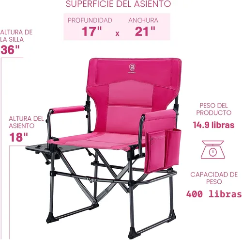 Vista 3 de EVER ADVANCED Silla de directores de camping con mesa auxiliar, plegable portátil con tamaño compacto, silla de césped resistente con bolsillo