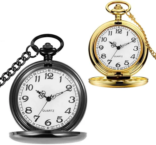 Vista 9 de Juego de 2 relojes de bolsillo clásicos con cadena para hombre y mujer Negro Negro