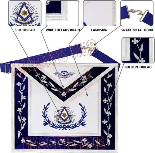 Vista 4 de Past Master con borde bordado masónico 100% piel de cordero delantal - Azul y Blanco, Azul