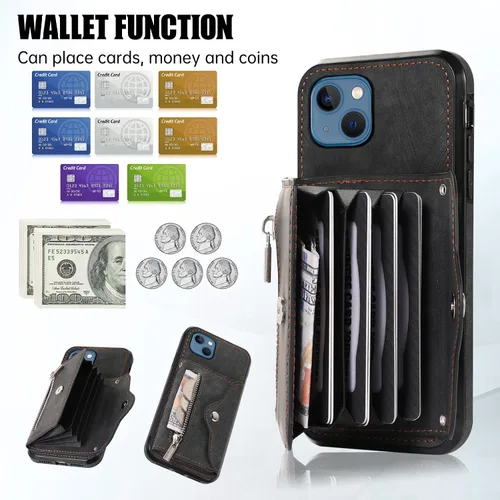 Vista 4 de Funda para iPhone 13 de 6.1 pulgadas con protector de pantalla de vidrio templado, correa cruzada para muñeca, soporte para tarjeta de crédito