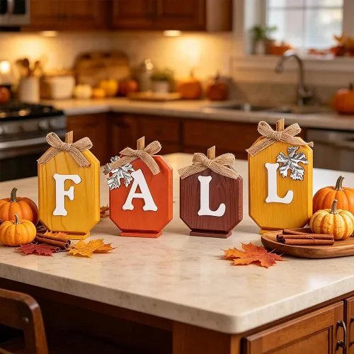 Vista 6 de Decoraciones de otoño para el hogar, letrero de madera de calabaza con letras de otoño para decoración de otoño, juego de bloques de madera