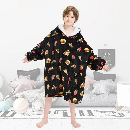 Vista 5 de Fiosnow Manta con capucha de pizza y papas fritas para niños de 6 a 13 años, manta de gran tamaño para niños, niñas y adolescentes Pizza negra
