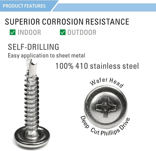 Vista 2 de Paquete de 100 tornillos Phillips autoperforantes de cabeza de oblea de acero inoxidable 410, tornillos Tek de chapa, cabeza de armadura modificada
