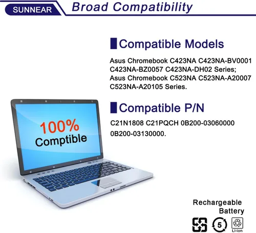 Vista 5 de C21N1808 - Batería para portátil Asus Chromebook C423 C523 C423NA C523NA C423NA-EB C423NA-BZ C523NA-A2 C423NA-RH91T-CB C523NA-DH02 C523NA-EJ005 95C