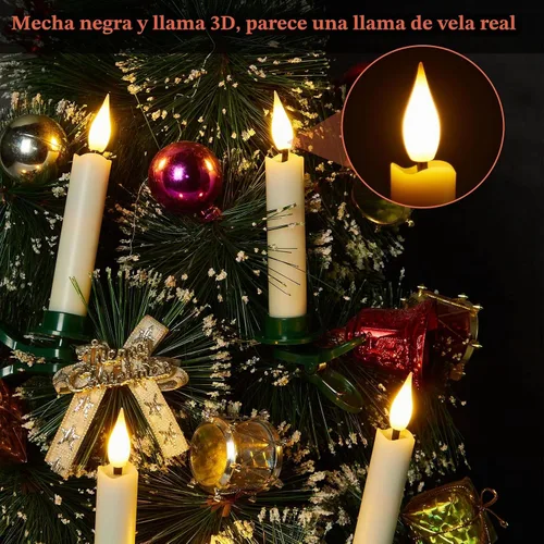 Vista 6 de IMAGE Juego de 12 velas LED cónicas sin llama, velas de marfil con mecha 3D con diseño de árbol de Navidad con clip, control remoto de 10 teclas