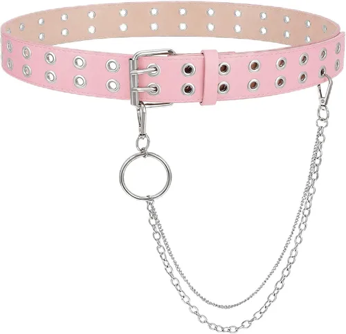 Vista 10 de WHIPPY Double Grommet Belt for Women Men PU Leather Double Prong Buckle Vintage Punk Rock Jeans Belts with Chain A-Negro