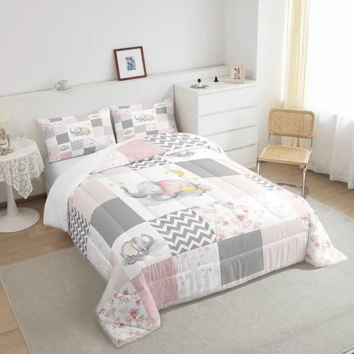 Vista 5 de Lindo juego de edredón de elefante, tamaño individual, juego de ropa de cama de dibujos animados Kawaii con flores de animales para niños y hombres