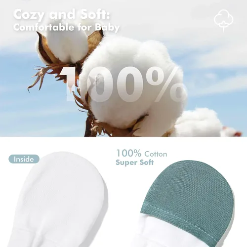 Vista 5 de HAPIU Manoplas para bebé que no se rayan, 100% algodón transpirable, guantes ajustables para niños y niñas, recién nacidos, 12 M