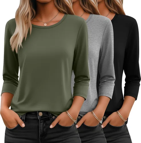 Vista 15 de Ficerd Paquete de 3 camisetas de manga 3/4 para mujer, cuello redondo, camisetas básicas elegantes, casuales, modernas, holgadas