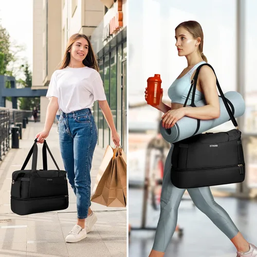 Vista 6 de ETRONIK Bolsa de viaje para mujer, bolsa de gimnasio con puerto de carga USB, bolsa de fin de semana con bolsillo para ropa húmeda y compartimento