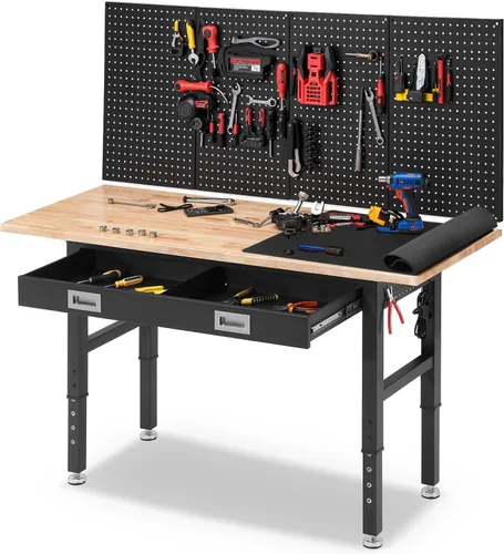 Vista 13 de ENJOYWOOD Mesa de trabajo para garaje de 60 pulgadas Banco de trabajo con almacenamiento Altura ajustable Tablero de madera de goma Banco de trabajo