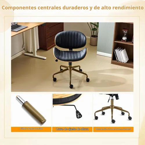 Vista 7 de VINGLI Silla giratoria de oficina en casa amplia y cómoda con carcasa curvada de grano de madera, silla de escritorio ergonómica acolchada sin negro