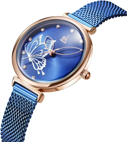 Vista 5 de SHENGKE Relojes simples analógicos de malla para mujer, correa de acero inoxidable, regalo para aniversario