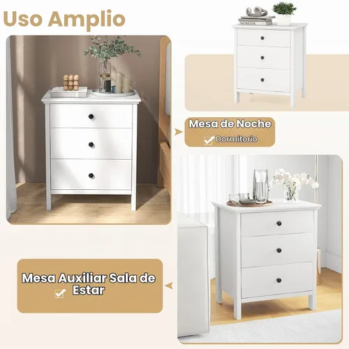 Vista 8 de KOMFOTT Mesita de noche con 3 cajones, mesita de noche de madera, moderna mesa auxiliar para sofá, mesa de teléfono que ahorra espacio, cómoda