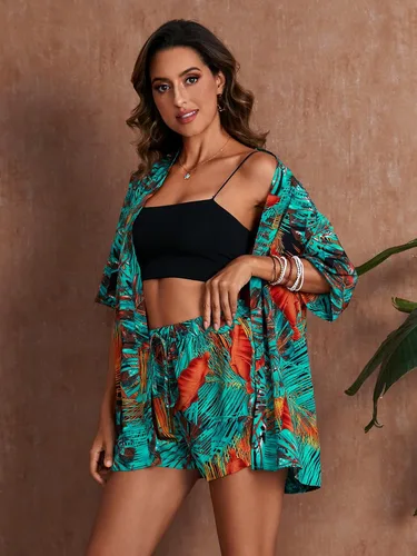 Vista 7 de MakeMeChic conjunto de 2 piezas para mujer estilo boho, blusa kimono tropical con frente abierto y pantalones cortos