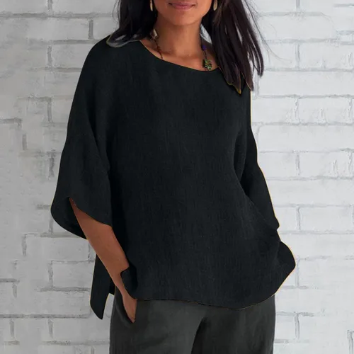 Vista 2 de Ceboyel Camisas de algodón y lino para mujer, con estampado de diente de león, blusa de manga 34, estilo bohemio, ropa 2023