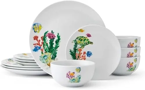 Vista 15 de Studio Nova Flamingo Haven Tropical juego de vajilla de 12 piezas, platos y cuencos, para 4 comensales