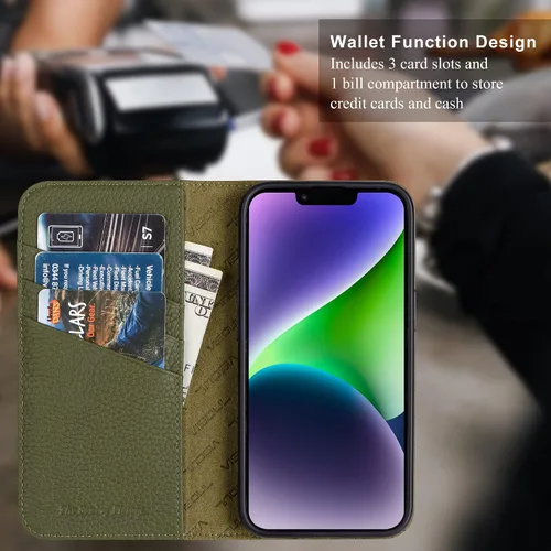 Vista 4 de VISOUL Funda tipo cartera de piel auténtica para iPhone 14, con tapa magnética, con tarjetero y función atril, compatible con iPhone 14