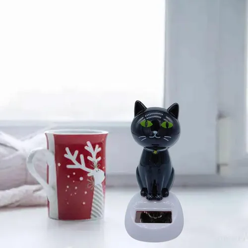 Vista 2 de Cabeza de gato con energía solar, bonita decoración de baile para tablero de automóvil, interior y adornos de escritorio Negro